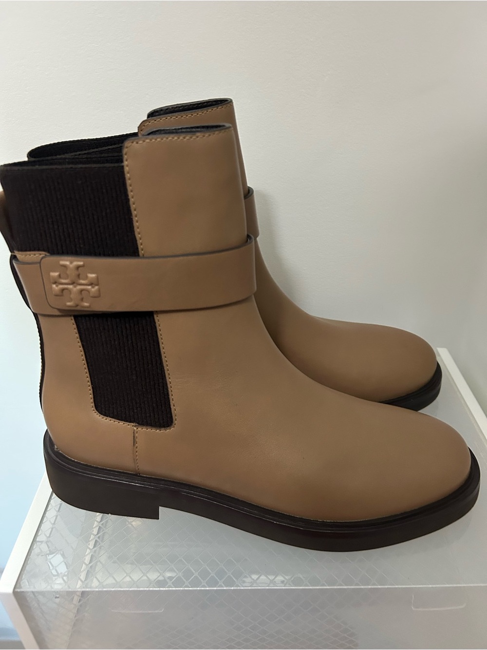 Tory Burch Miller Brown Leather Chelsea Booties with Dark Elastic Panel